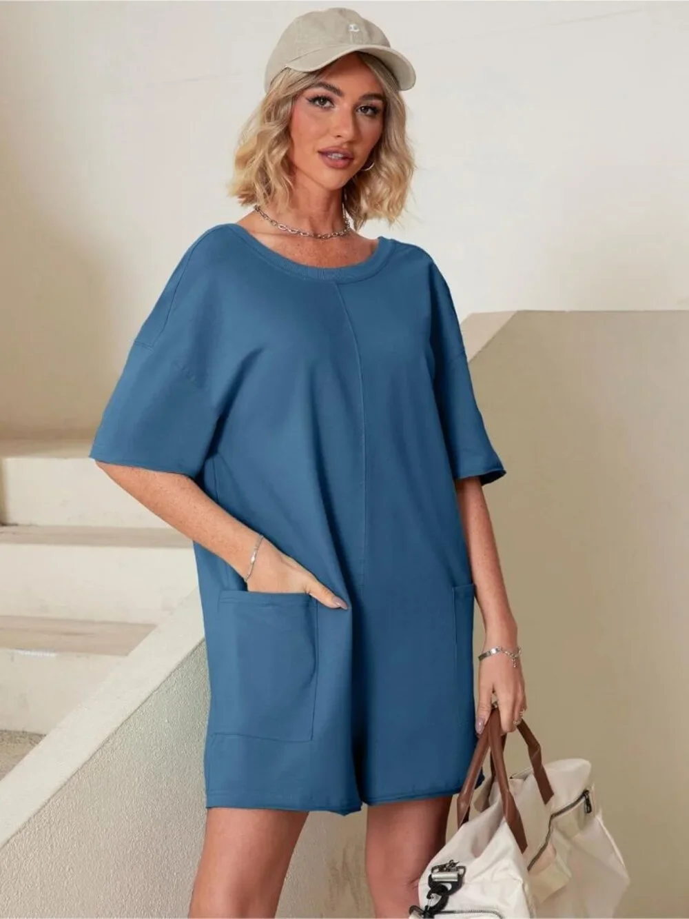 Women's Blue Summer Casual Onesie Backless Loose Short Oversized Tee Romper - Picture 4 of 6